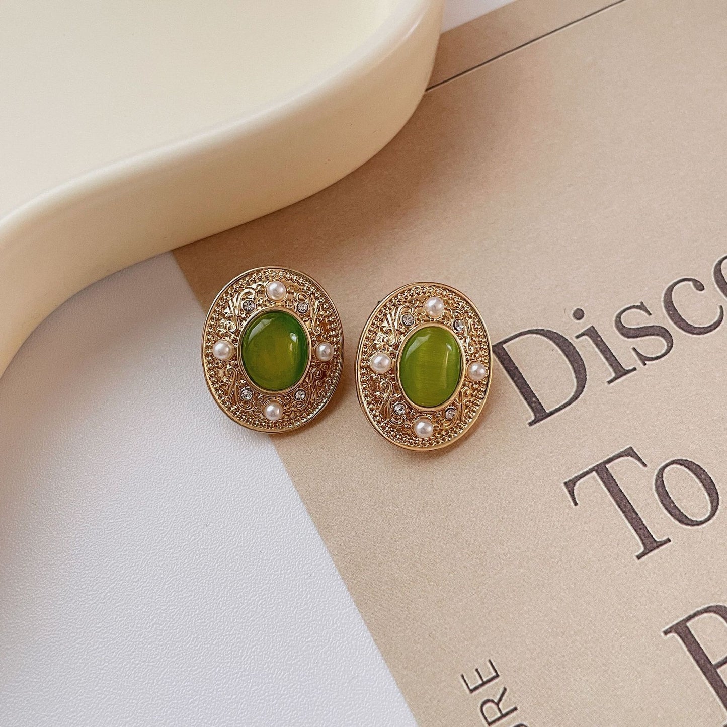 Vintage Court Style Pearl Oval Green Earrings