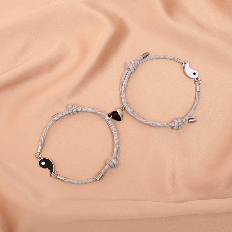 Women's & Men's Rope Black White Magnet Tai Couple Pair Bracelets