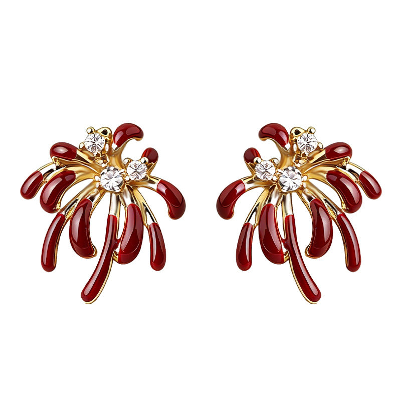 Enamel Drip Glazed Wine Red Fashion High Sense Sier Stud Earrings