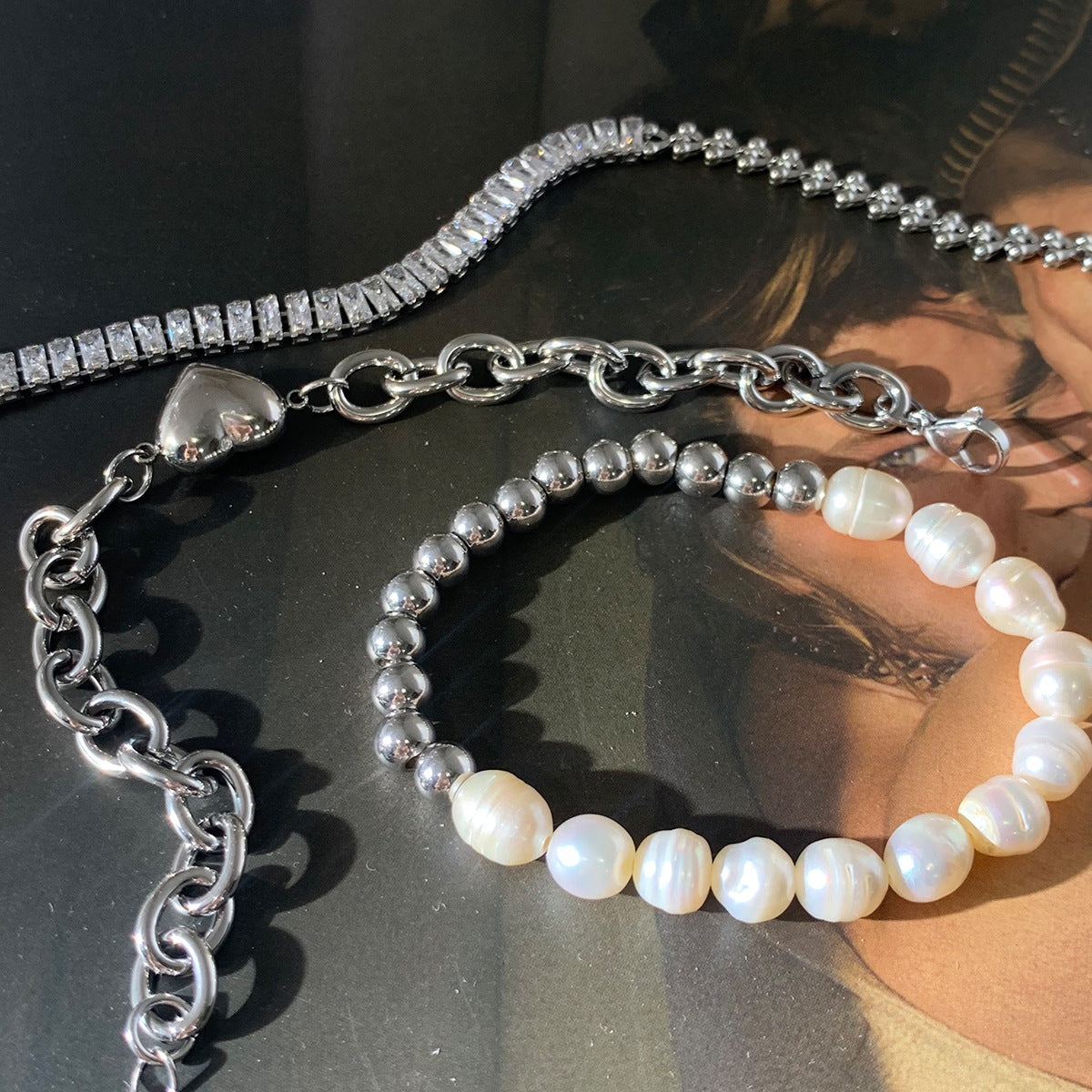 Natural Freshwater Pearl Heart Zircon Suit Creative Bracelets