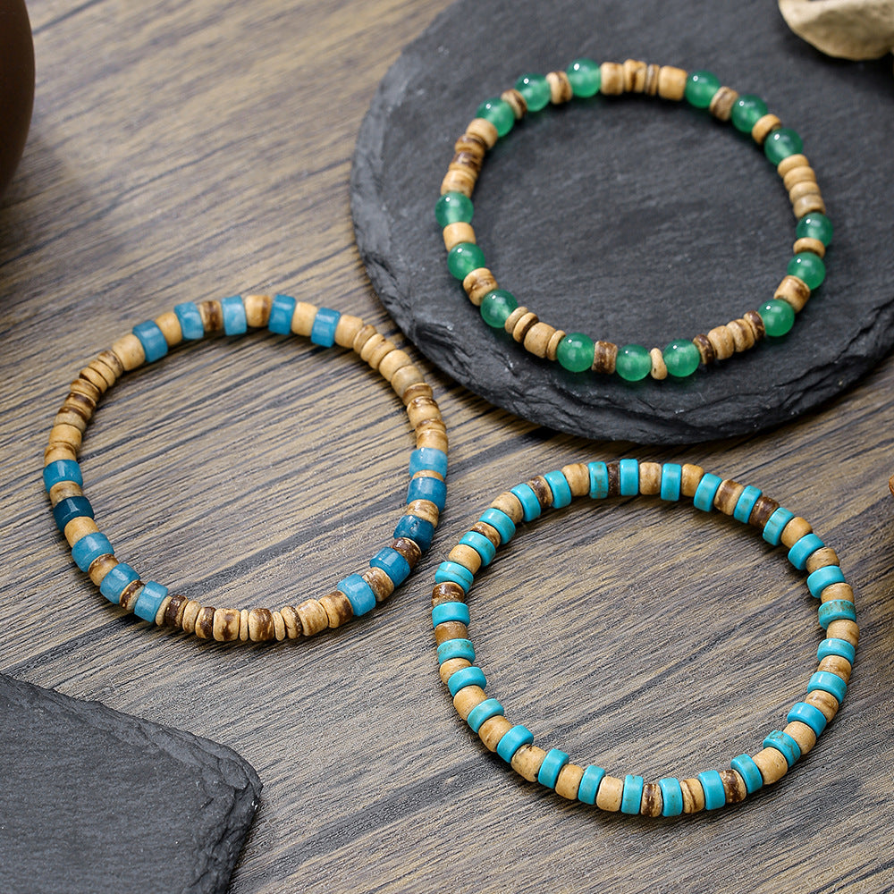 Natural Stone Wood Piece Coconut Shell Stretch Beaded Suit Bracelets