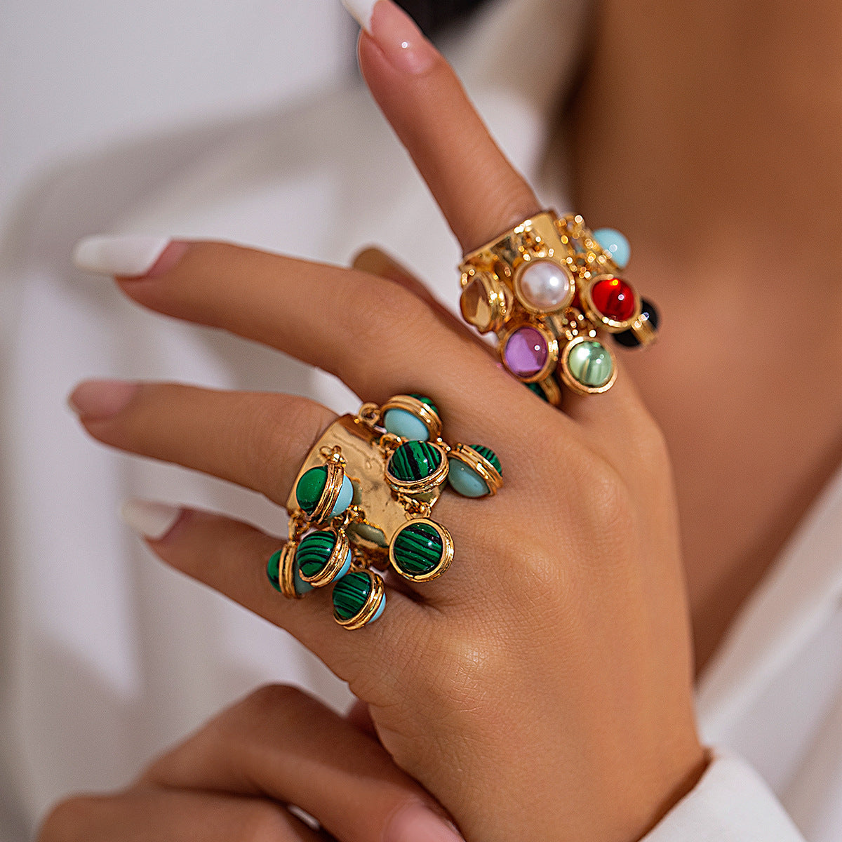Vintage Court Inlaid Geometric Niche Malachite Rings