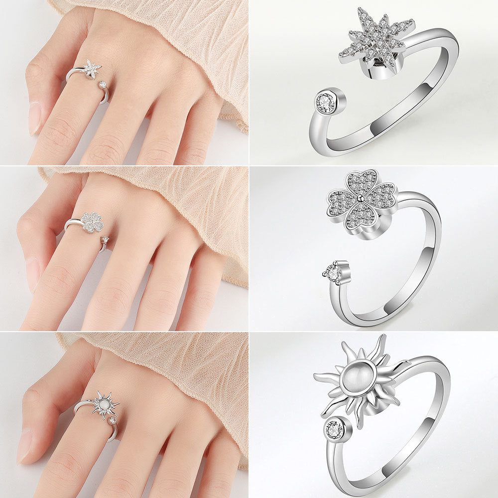 Sier Anxiety Spinning Adjustable Rotating Clover Zircon Female Rings