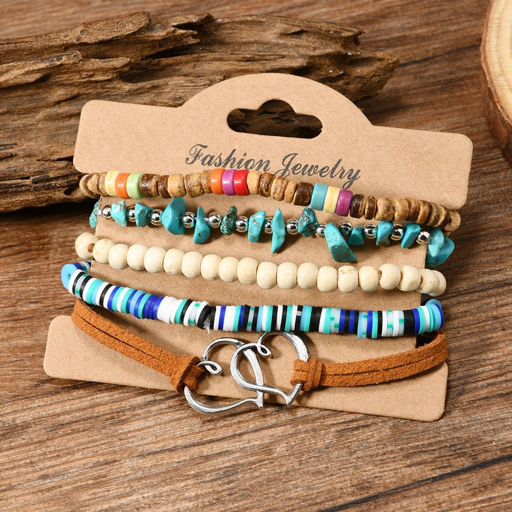 Wooden Bead Leather Rope Twin Ethnic Bracelet