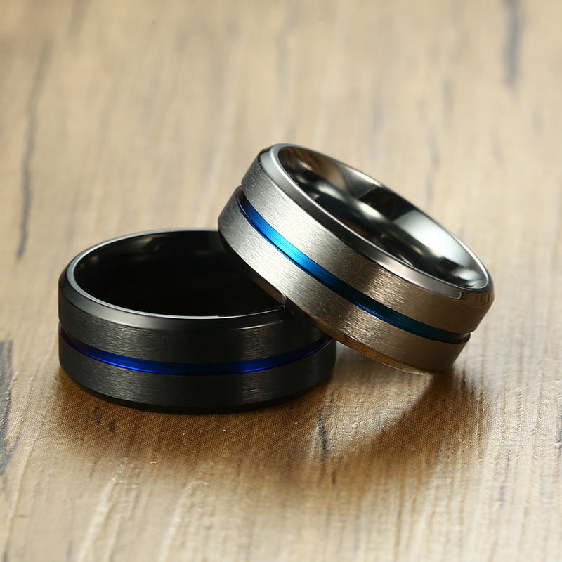 Men's Trendy Jewelry Titanium Steel Groove Blue Rings
