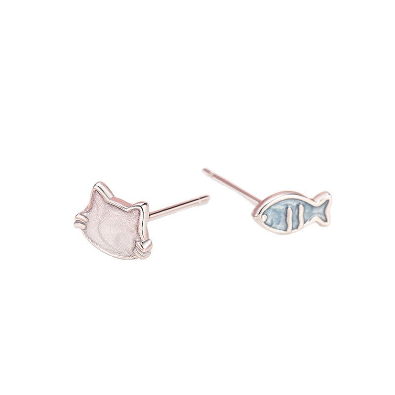 Oil Dripping Cat Blue Fish Personality Exquisite Stud Earrings