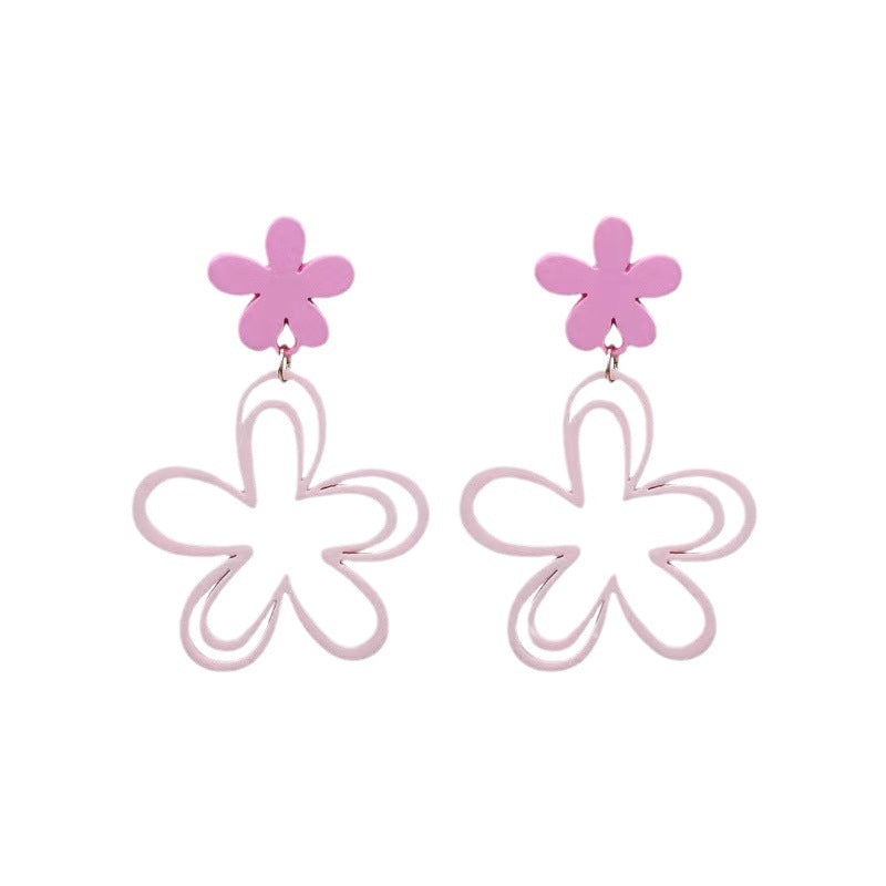 Style Pink Openwork Flower Love Heart Earrings