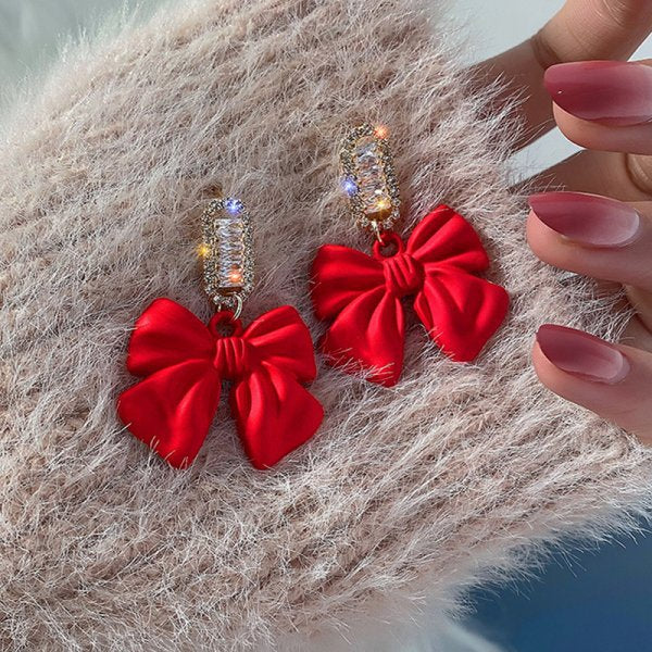 Women's Red Series Christmas Bowknot Crystal Flowers Earrings