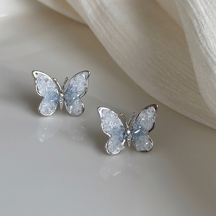 Women's Morandi Blue Gradient Crystal Butterfly Design Earrings