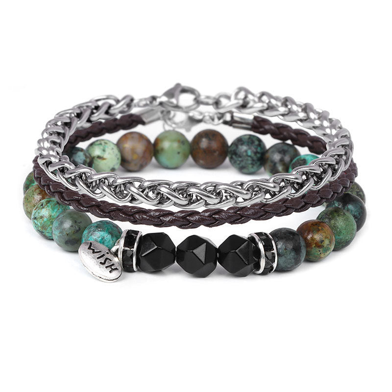 Men's Beads Hoop White Turquoise Leather Steel Bracelets