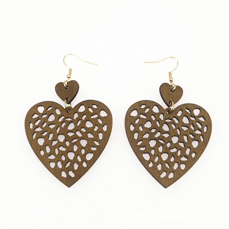 Bohemian Vintage Mesh Cut Wood Piece Geometric Heart Earrings