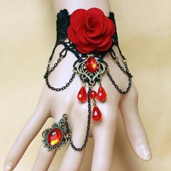 Punk Hand Jewelry Fashion Burgundy Flower Lace Bracelets