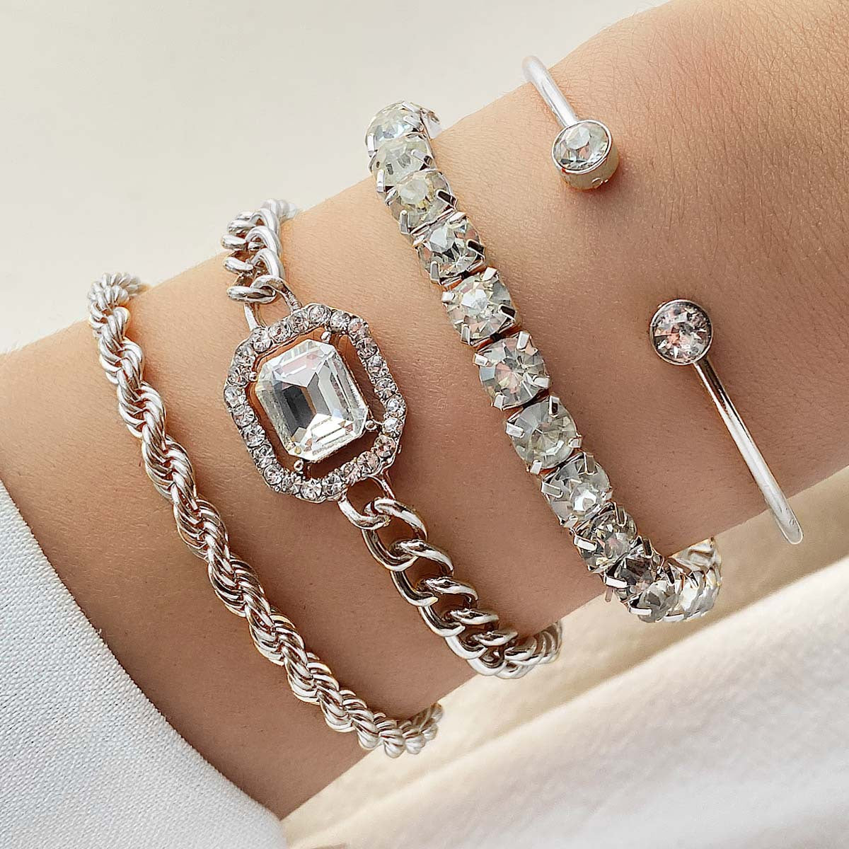Punk Metal Chain Square Diamond Bangle Bracelets
