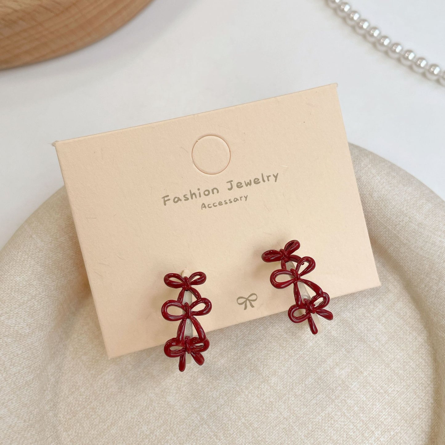 Women's Red Bow Love Heart Sier Needle Exquisite Retro Earrings