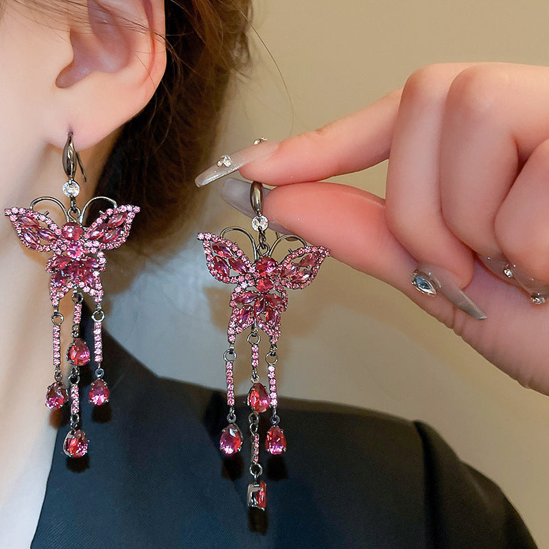Women's Sier Butterfly Tassel Sweet Flowers Long Rings