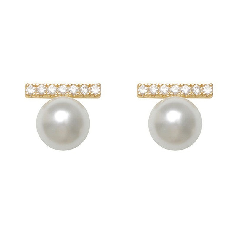 Women's Diamonds One-word Bright Pearl Design Simple Temperament Earrings