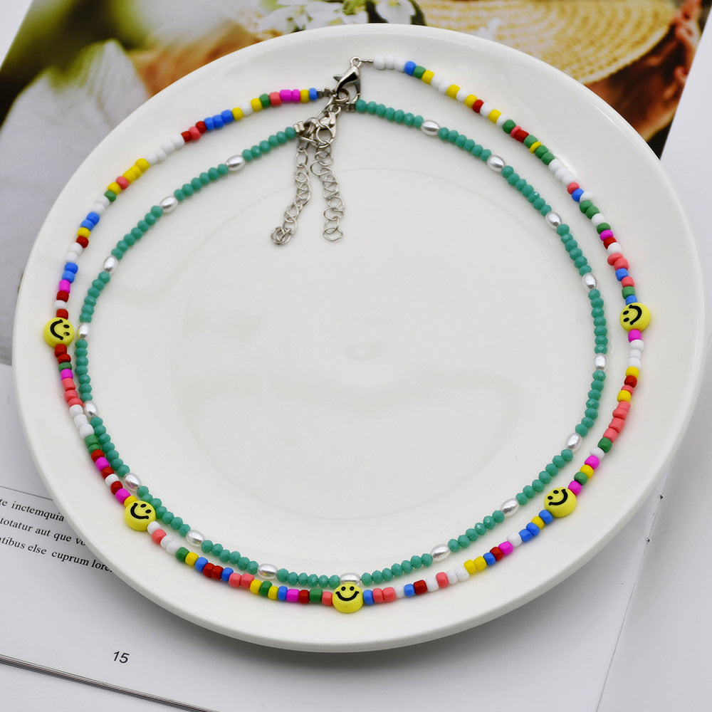 Crystal Clavicle Chain Smiling Face Bead Twin Color Necklaces