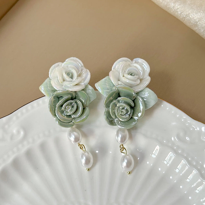 Ceramic Colorful Rose Fresh Mori Style Earrings
