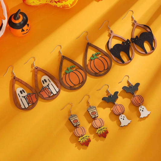 Halloween Gothic Style Black Cat Ghost Pumpkin Stitching Triple Earrings