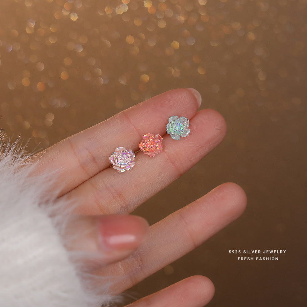 Sier Colorful Rose French Style Retro Earrings