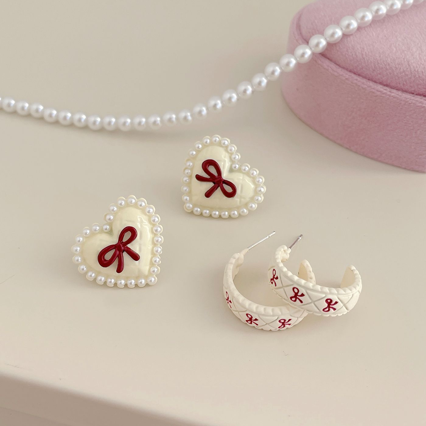 Women's Red Bow Love Heart Sier Needle Exquisite Retro Earrings