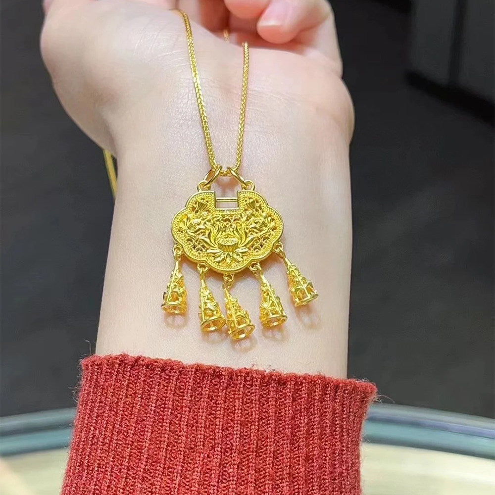 Women's Chinese Ancient Style Hollow Lotus Tassel Safety Lock National Fashion Necklaces
