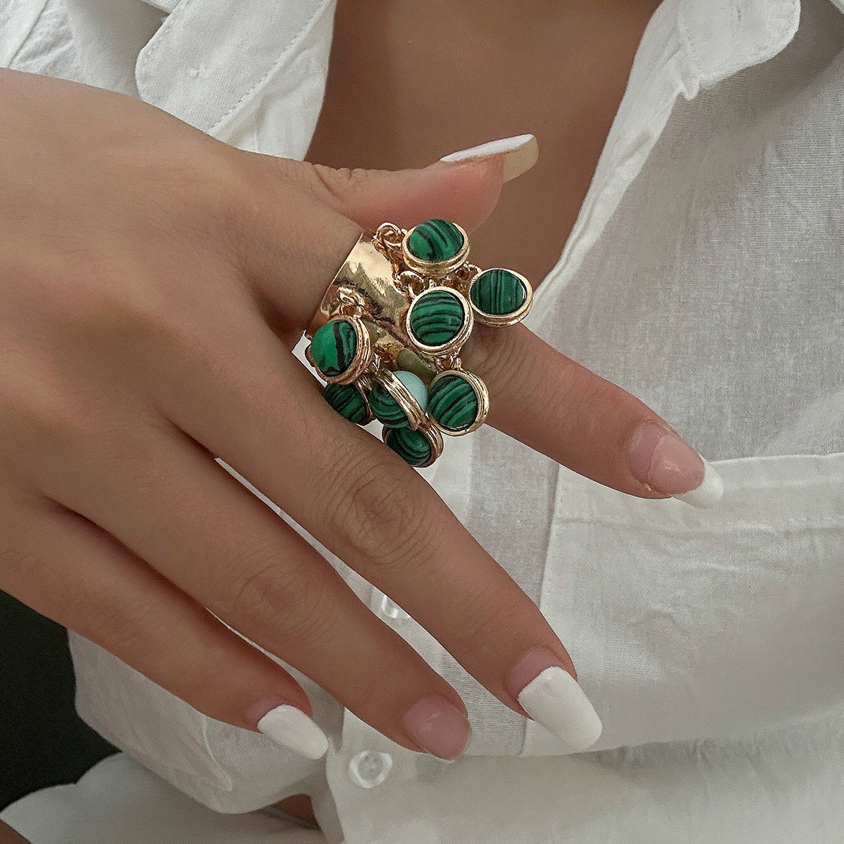 Vintage Court Inlaid Geometric Niche Malachite Rings