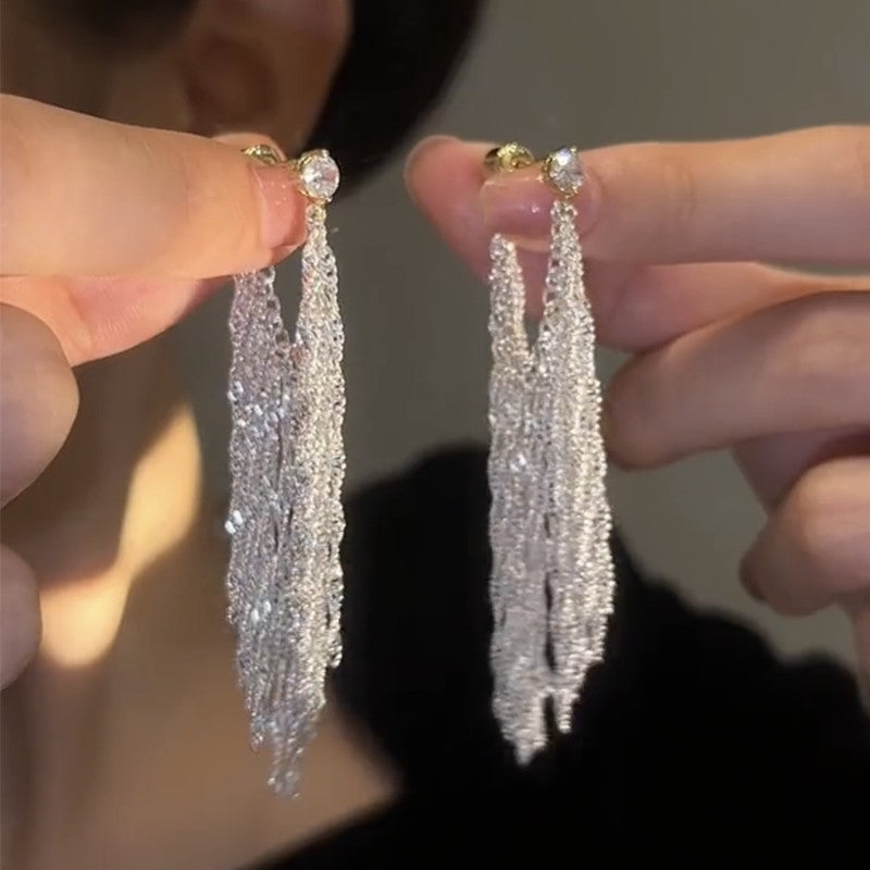 Tassel High-grade Sier Needle Metal Light Luxury Pearl Earrings
