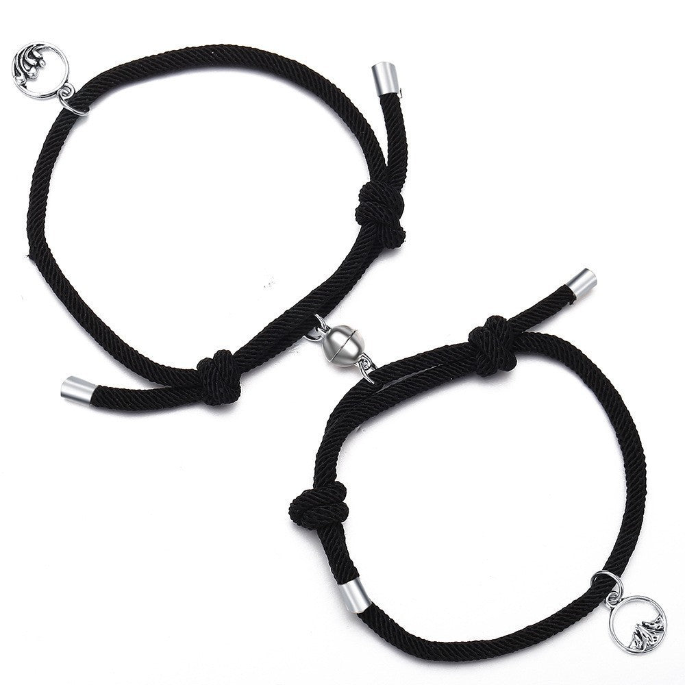 Women's & Men's Black White Rope Alloy Magnet Suction Bracelets