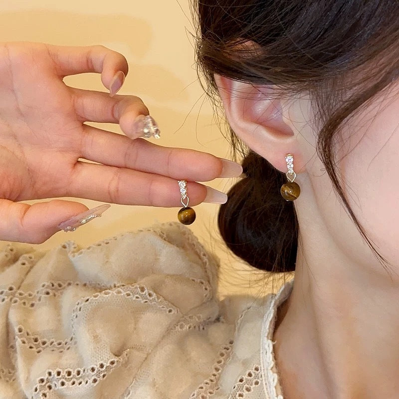 Tigereye Sier Needle Double Ball Texture Earrings