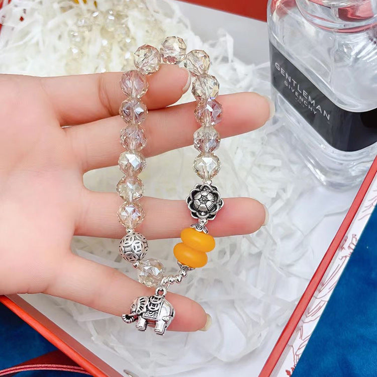 Women's Gray Agate Crystal Tassel Retro Tibetan Sier Longevity Lock Bracelets