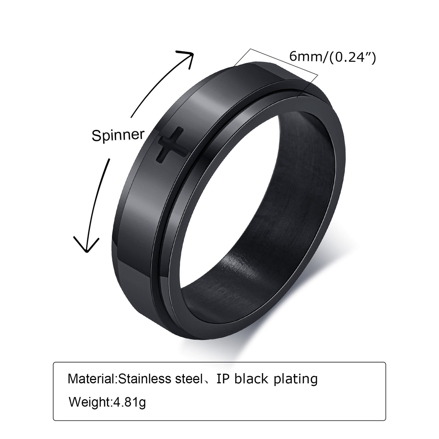 Stainless Steel Laser Corrosion Cross Rotatable Spinning Black Man Rings