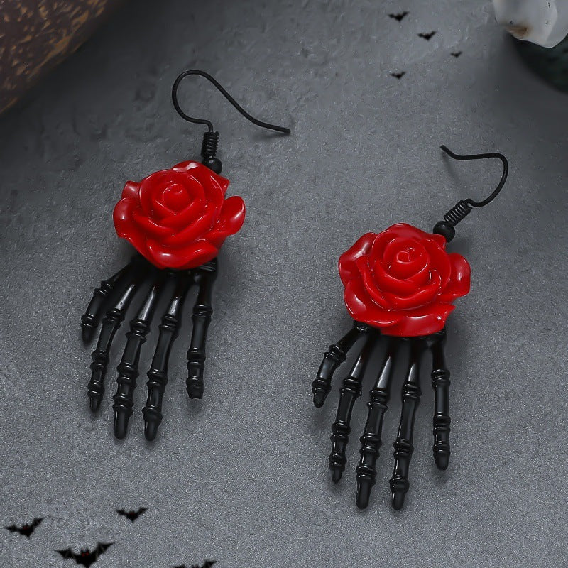 Skull Hand Red Rose Vintage Gothic Punk Earrings