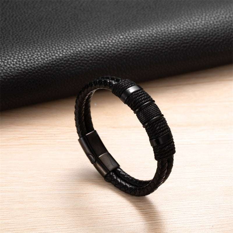 Men's Vintage Leather Rope Woven Stainless Steel Bracelets