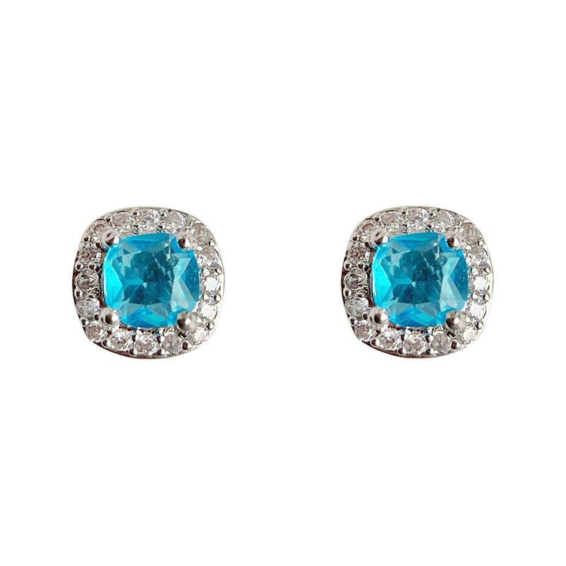 Micro Inlaid Zircon Simple Navy Blue Square Geometric Sier Earrings