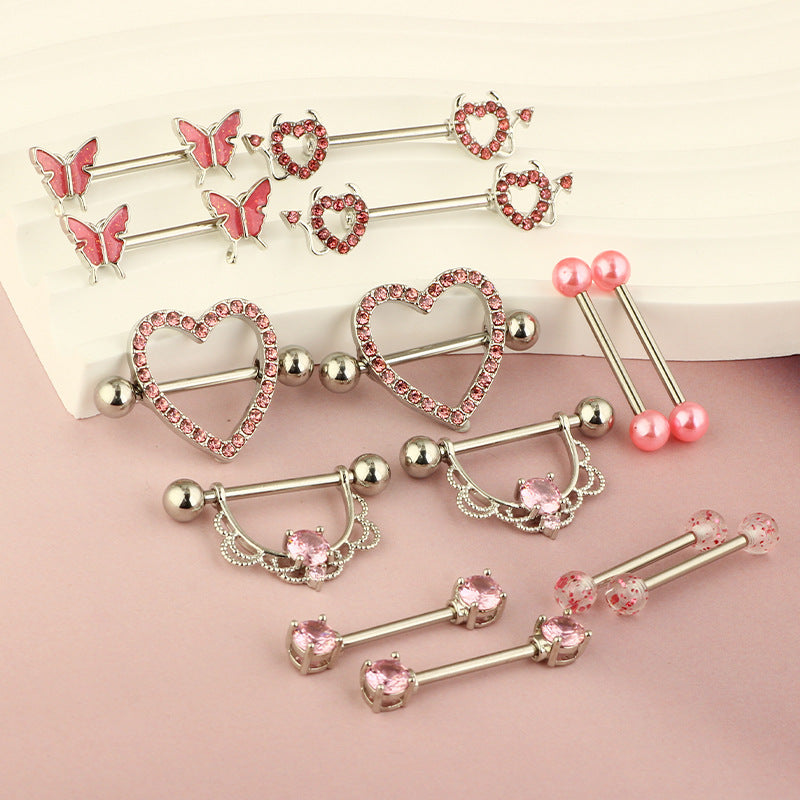 Steel Pink Series Zircon Nipple Love Moon Adhesive Earrings
