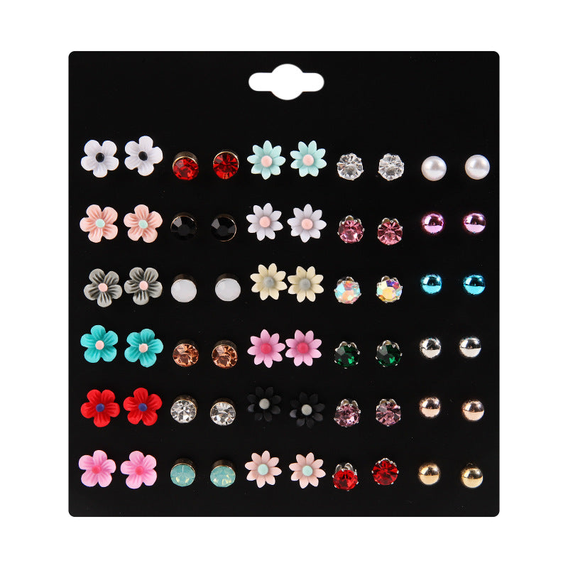 Women's Temperament Wild Pairs Colorful Rhinestone Resin Flower Earings Creative Earrings