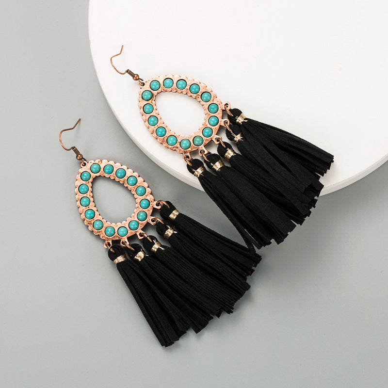 Alloy Inlaid Turquoise Exaggerated Leather Tassel Earrings