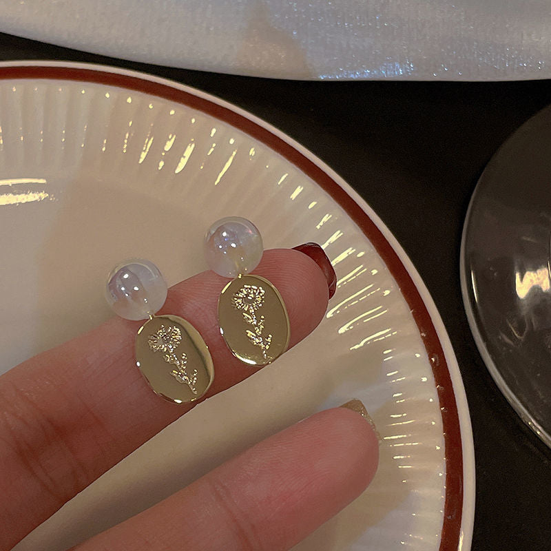 Sier Needle Flower Curved Irregular Pearl Baroque Vintage Earrings