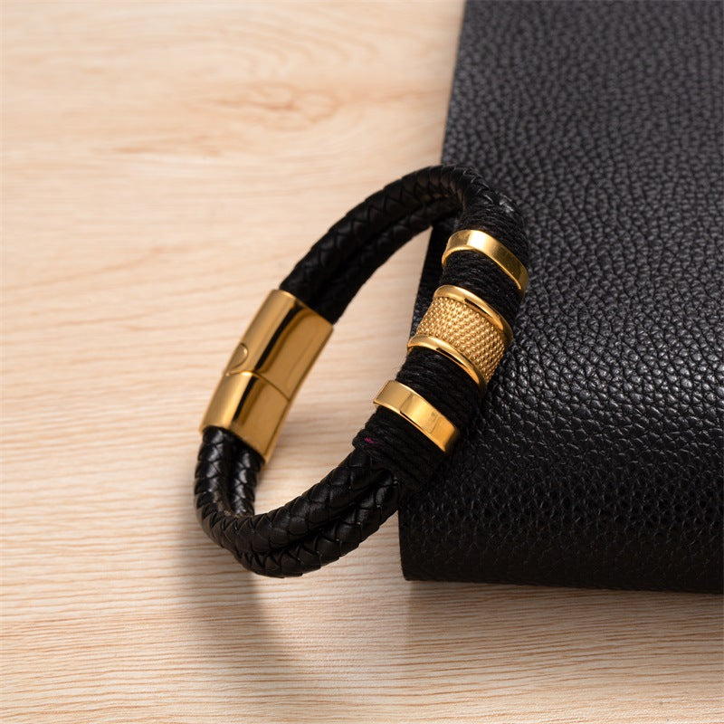 Men's Vintage Leather Rope Woven Stainless Steel Bracelets