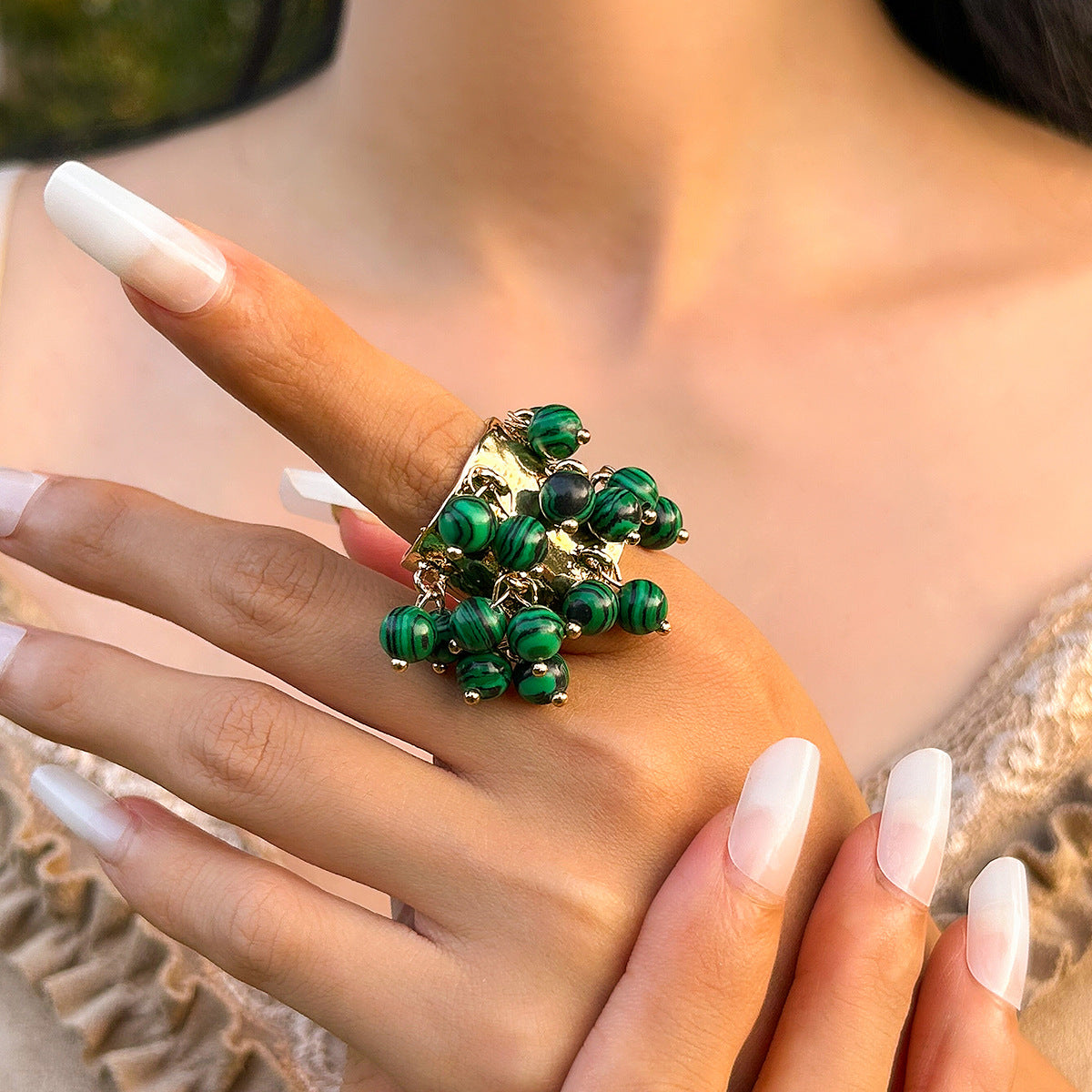 Vintage Court Inlaid Geometric Niche Malachite Rings
