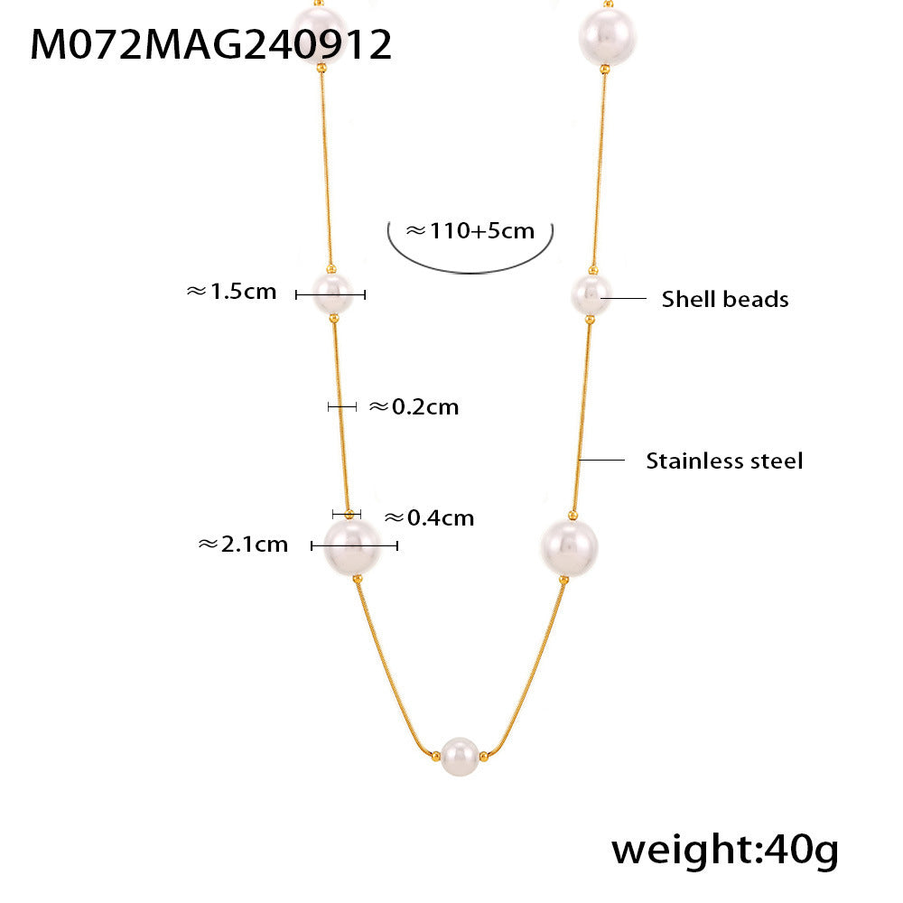 Gloss Shell Pearls Sweater Chain Stainless Steel Plating Necklaces
