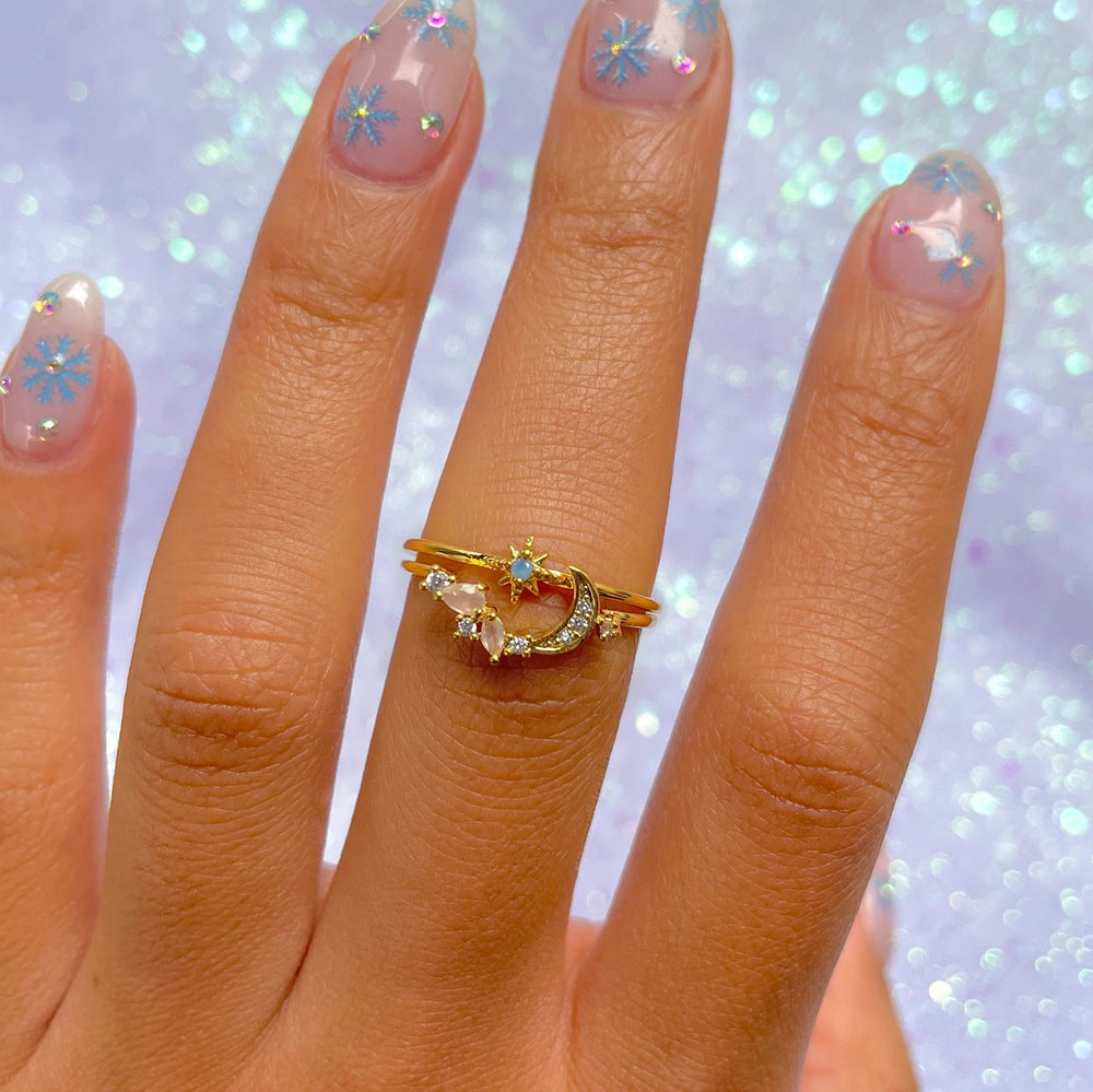 Super Fairy Beautiful Fine Color Zircon Set Niche Twin Rings