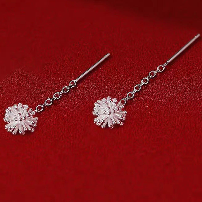 Sier Dandelion Tassel Hanging Female Light Luxury Earrings