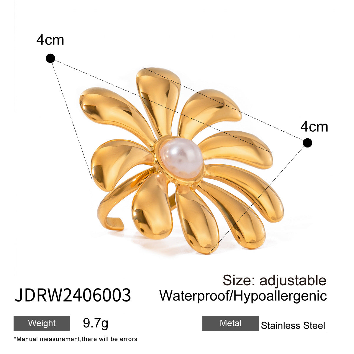 Ding Stainless Steel Flower Pearl Exaggerated Rings