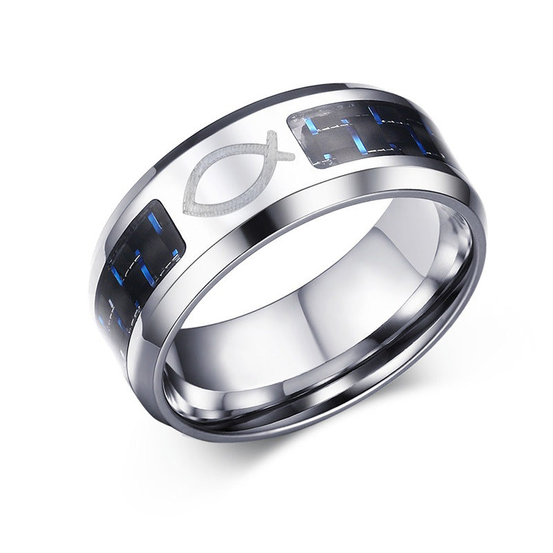 Men's Steel Blue Black Carbon Fiber Trendy Rings