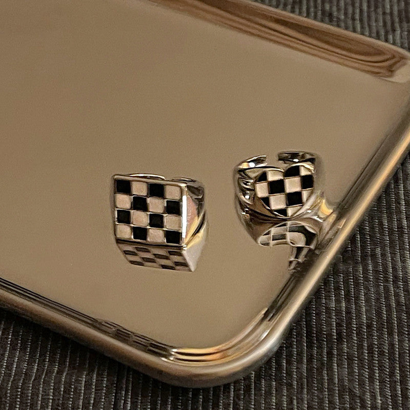 Chessboard Plaid Love Heart-shaped Two-piece Set Female Fashion Rings