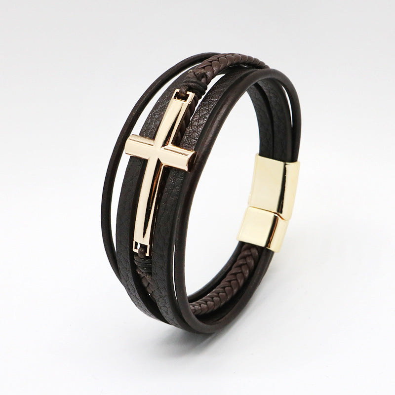 Men's Cross Leather Rope Braided Stainless Steel Bracelets