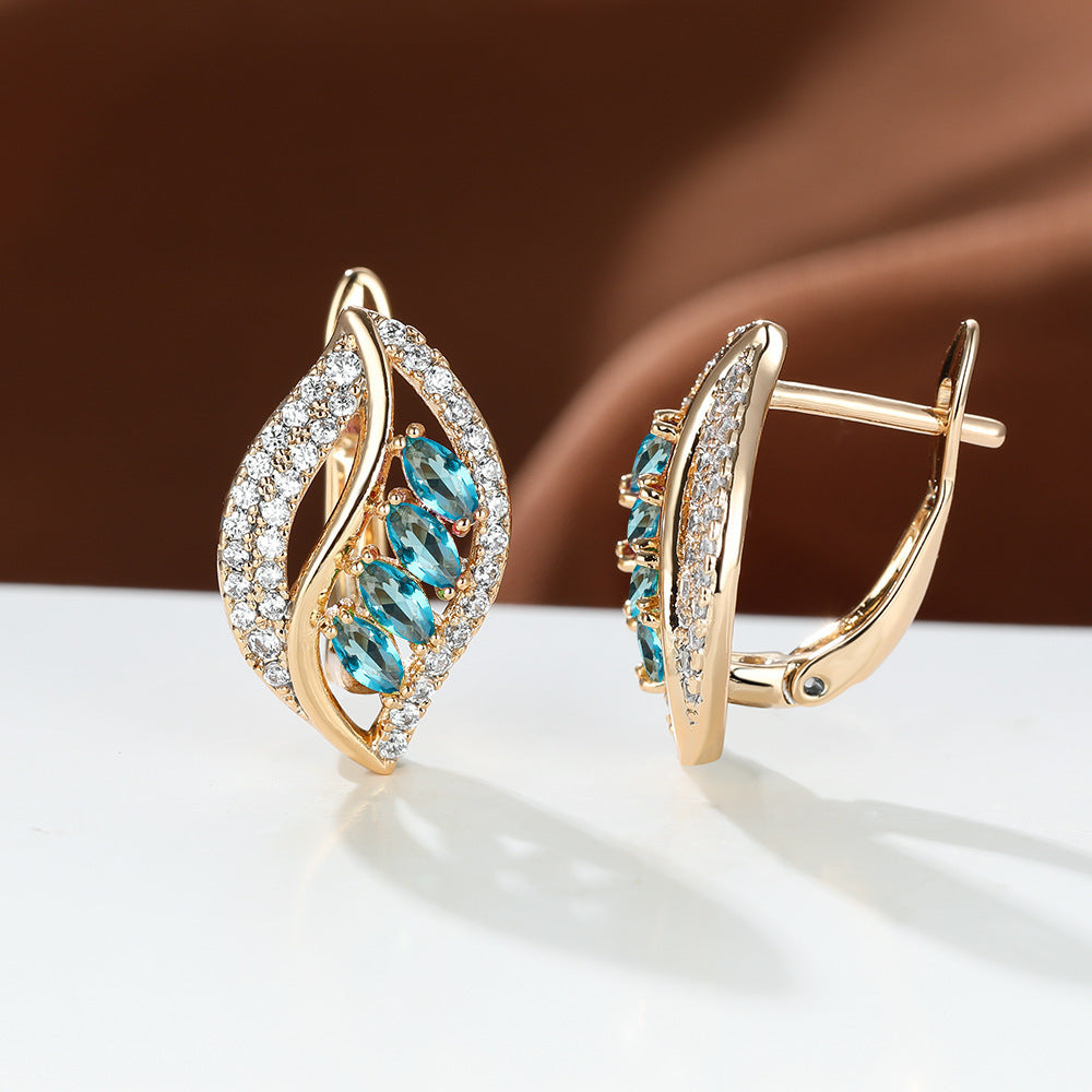 Green Empty Female Champagne Gold Four Diamond Leaf Micro High Stud Earrings