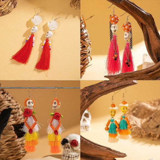 Halloween Funny Fun Skull Tassel Bead Earrings